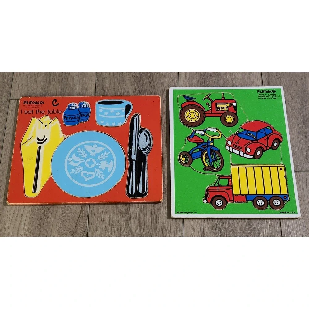 2 Vintage Playskool Wooden Puzzles Set The Table & Things With Wheels 1-4‎ Ages